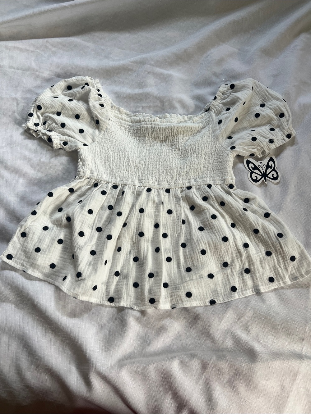 Self Esteem White Top with Black Polka Dots and Puff Sleeves